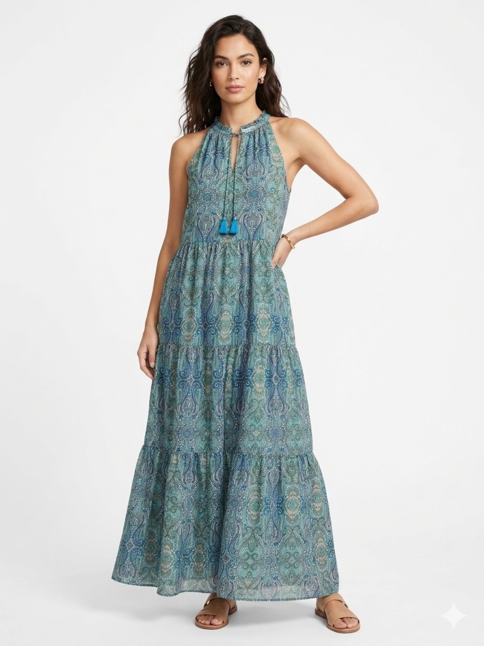 Emely Daniel’s Sleeveless Halter Maxi Dress in Teal Paisley